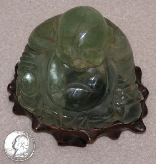 Large Antique Chinese Carved Green Crystal Fluorite Buddha w/ Rosewood 