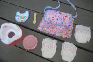 Baby Alive Accessories  diapers w/diaper bag,potty chair,feeding dish 