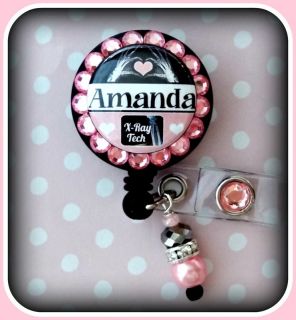   RAY TECH CUSTOM NAME RETRACTABLE ID REEL BLING BADGE HOLDER with charm