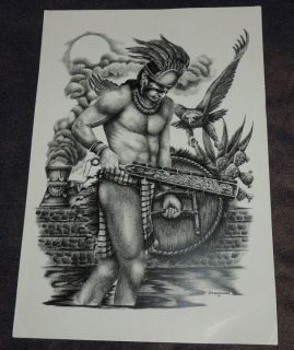 Aztec Warrior Mexican Chicano Tattoo Art Flash Pattern 12 w x 16 L 