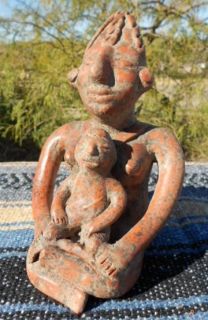 AZTEC mayan god Mexican folk art red clay statue MOTHER and CHILD 