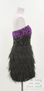 Badgley Mischka Collection Black Purple Beaded Feather Strapless Dress 