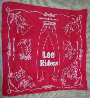 Vintage Lee Riders Red Bandana Scarf/Hankie Western/Rodeo Themes 100% 