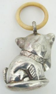   Silver Plated Comic Scottie Dog Baby Rattle w Teething Ring