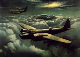 Old Print WWII RAF Blenheim Fighter Bomber in Moonlight Air RAID Fly 