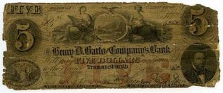1862 $5 Henry D Barto Companys Bank Obsolete Note