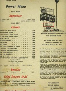 Historic San Gorgonio Inn Menu Banning California 1950S