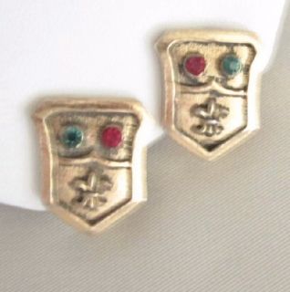 Vtg Barclay Red Green Rhinestone Earrings Fleur de Lis Shield Crest 