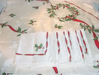 Bardwil Christmas Tablecloth & 4 Napkins Holly, Berries & Red Ribbons 