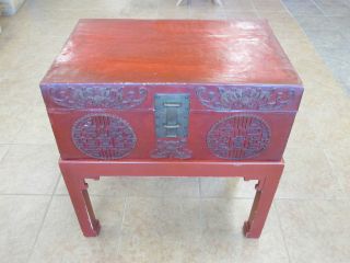 Antique Chinese Chest Pigskin Carved Trunk Red Leather Lacquer 19th 