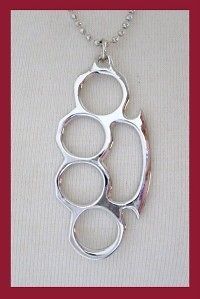 new silver duster brass knuckle necklace chain punk emo time