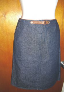 BURBERRY BLUE Label Womens Denim Skirt w/ Leather waist tab Pre Owned 