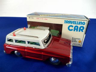 NIB Tin Toy Friction Traveling Car~Red Auto MF731~Ambulance Siren~FREE 