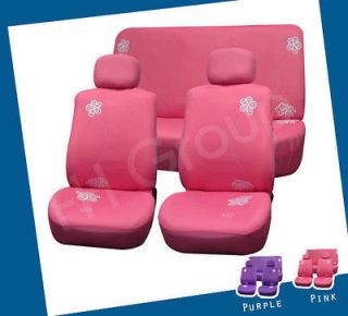 Flower Embroidery Fabric Seat Covers Full Set Non Split Bench, PINK 