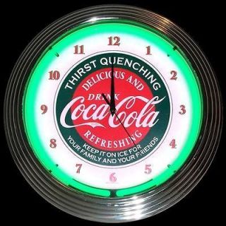 Coca Cola Thirst Quenching Green Neon Hanging Wall Clock / Vintage 
