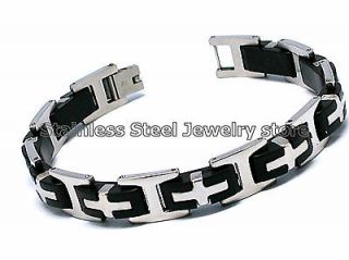 Mens Black Silver Stainless Steel Rubber Bracelet Bangle Link w 
