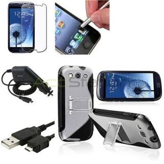 Black Case+Clear Pro+Charger+USB+Silver Stylus For Samsung Galaxy S 3 