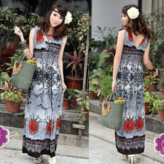 Lovely Floral Pattern Casual BOHO Long Maxi Dress Gray E176 Size M