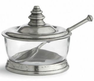 ARTE ITALICA Tavola Pewter & Glass Covered Sugar Bowl with Spoon Made 