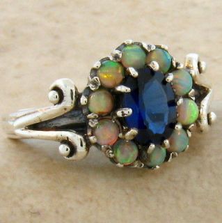 SAPPHIRE & OPAL ANTIQUE DESIGN .925 STERLING SILVER RING SIZE 7 