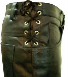 Mens without front knee seams cowhide leather side laces pant jeans 