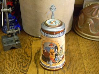Antique Hand Painted Etched 1/4L Stoneware Beer Stein Germany (PS