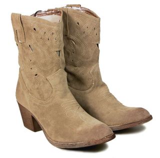 CALF LENGTH SUEDE EFFECT LINED BEIGE LADIES COWBOY STYLE BOOTS 