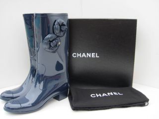 New Authentic Chanel Blue Camellia Flowers Tall Heels Elegant 