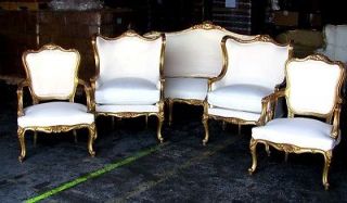 Five Pcs French Louis XV Salon Suite Settee Wing Chairs & Arm Chairs