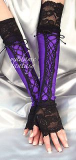 purple black lace up xx long spandex fingerless gloves