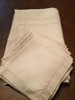   Beige Linen Tablecloth & 8 Napkins Hem Stitch 75 x 56 Gold accents