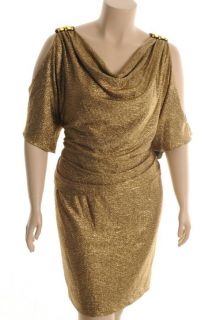 Betsy Adam New Gold Metallic Blouson Elbow Sleeves Semi Formal Dress 