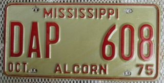 Mississippi 1975 Alcorn County License Plate DAP 608
