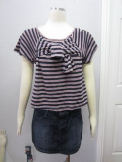 Akiko  Brown Purple Striped Bow Tie at Bust Loose Fit Top 