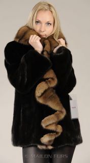 New Black Natural Saga Mink Fur Jacket with Canadian Sable Collar 
