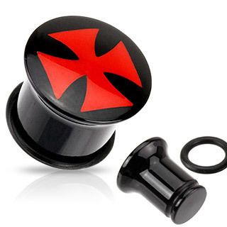 PAIR of Red Celtic Iron Cross Logo Flared EAR PLUGS TUNNEL Body 