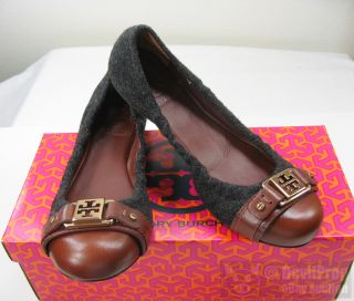 NIB TORY BURCH Ambrose Cap Toe Flat Shoe Size 6.5 Grey Flannel/Leather 
