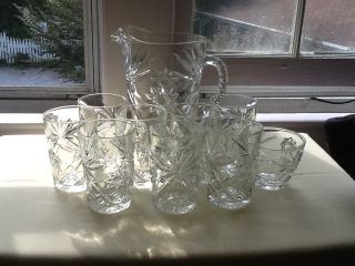 Anchor Hocking Vintage Glass Star Pitcher with 8 Matching Glasses