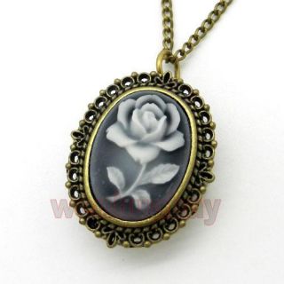 Bronze White Rose Quartz Pocket Watch Necklace Pendant Chain Girl Lady 