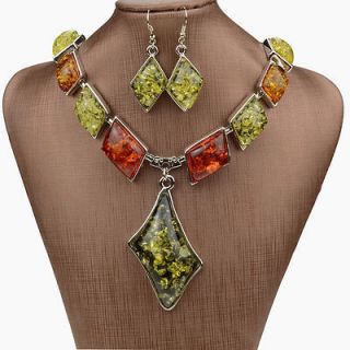    Baltic Silver Amber Gem Earrings Necklace Pendant Jewelry Set A2452K