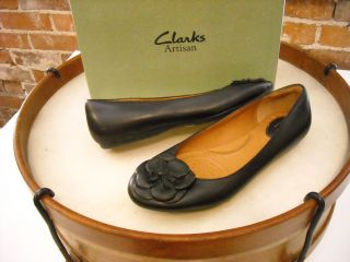 Clarks Artisan Black Leather Aldea Palm Flower Ballet Flats 8 5W New 