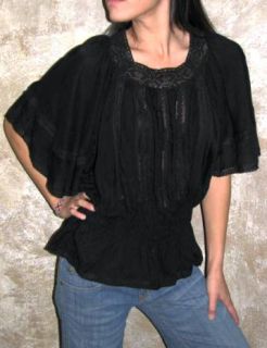 Angie India Gauze Gypsy Embroidered Peasant Black Top S