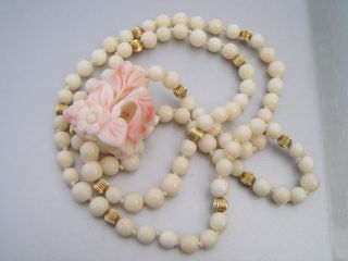 Antique White Angel Skin Coral Flower Beaded Flapper Necklace Stunning 
