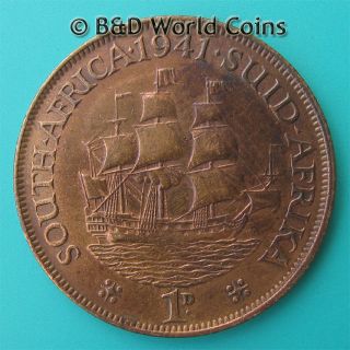 SOUTH AFRICA 1941 1 PENNY SAILING SHIP 31mm BRONZE AFRICAN COLLECTABLE 