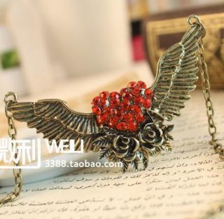 Vintage Bronze Flower Angel Wing Crystal Heart Valentines Necklace 