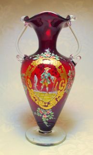 Antique Art Nouveau Ruby Red Venetian Moser Enameled Portrait Glass 
