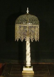Antique Vintage Porcelian Table Lamp Crystal Net Shade w Beaded Fringe 