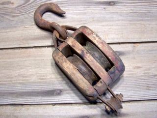 Old Antique Barn Wood Double Pulley Block Tackle Rustic