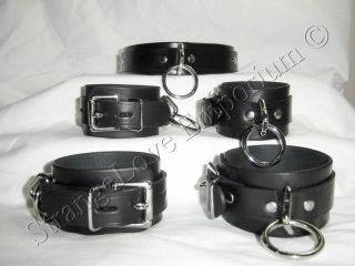 Lockable Black Leather Wrist Ankle Cuffs Collar 5pc Restraint Set Hand 