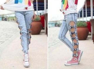 Fashion Vintage Detailed Woman Side Bow Cutout Ripped Denim Sexy Jeans 
